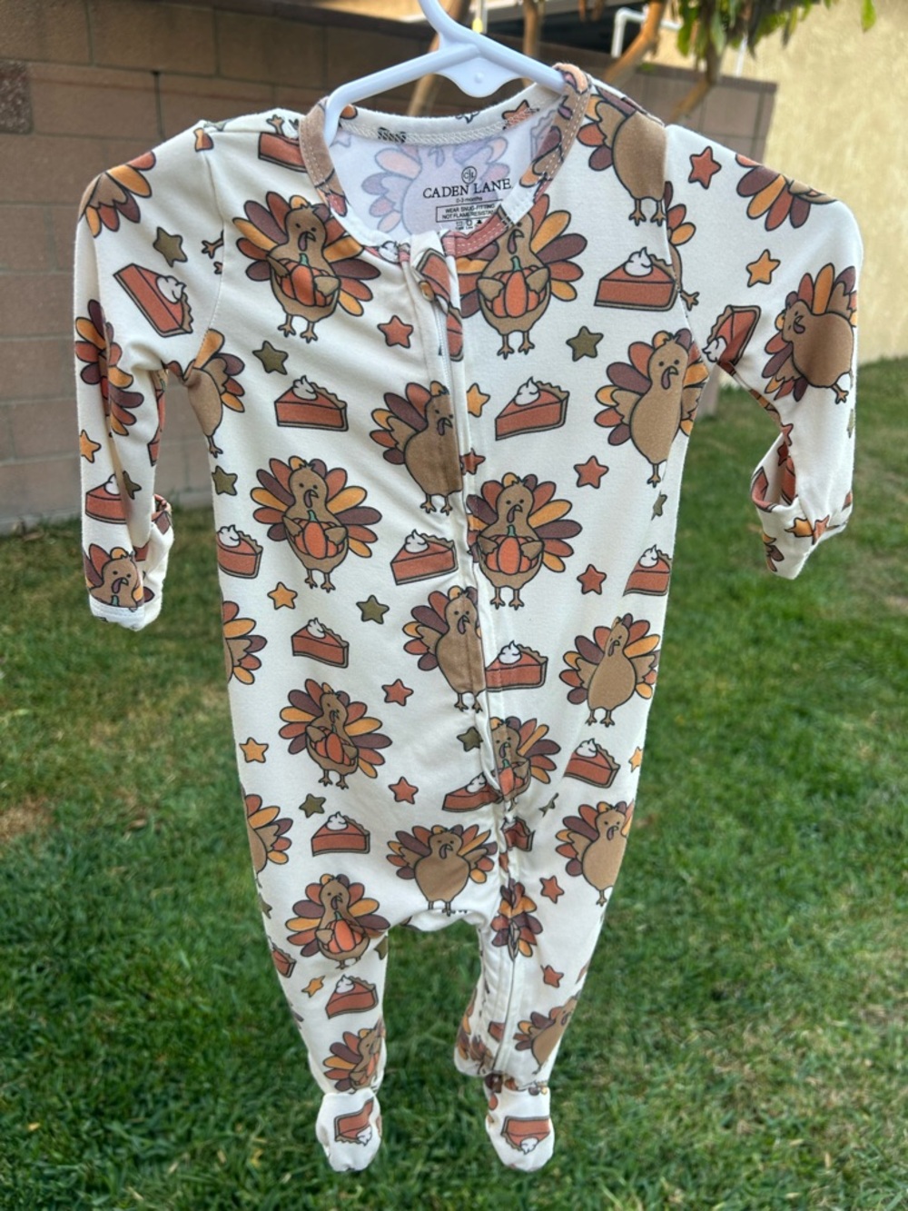 Caden Lane Cream Turkey & Pumpkin Print Footed One-Piece